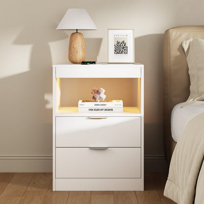 ADORNEVE LED Nightstand with Wireless Charging Station and 2 Drawers Wooden Sofa Bedside Table with Pull-Out Shelf