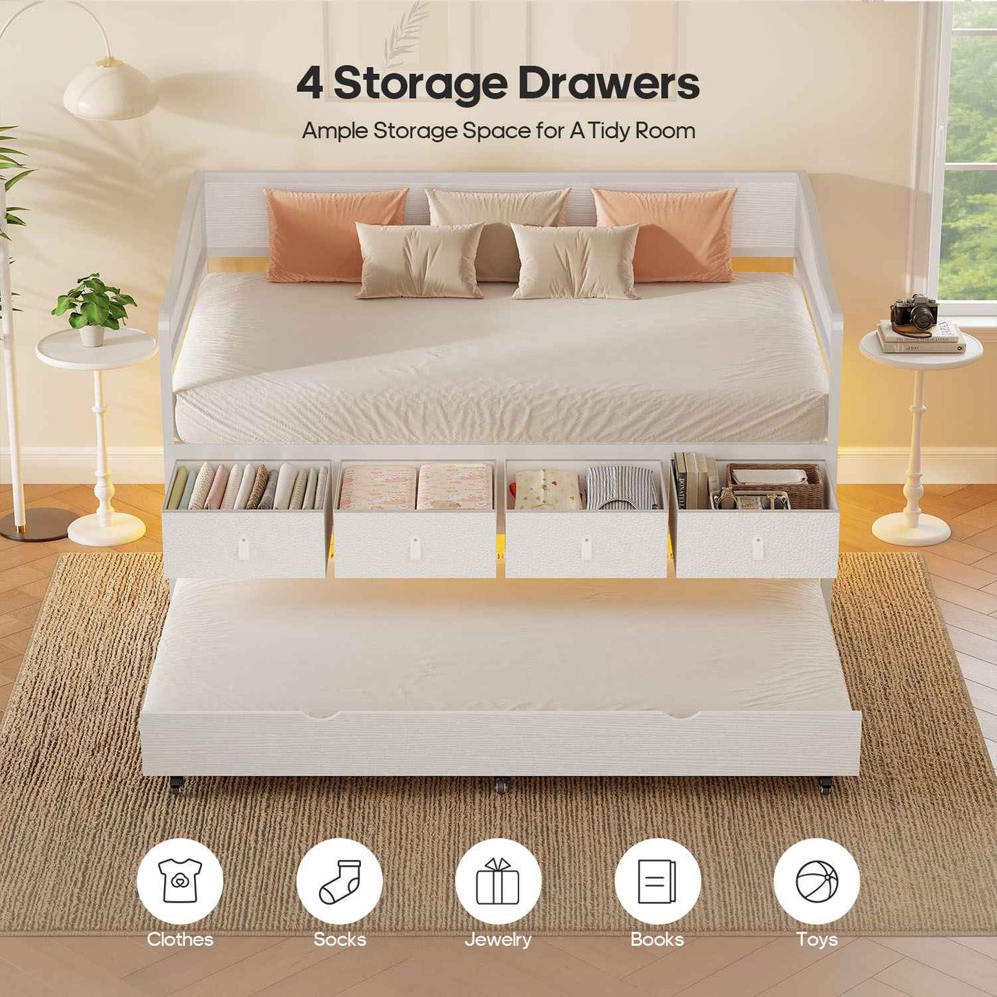ADORNEVE Twin Daybed with Trundle and 4 Drawers Metal Sofa Day Bed Frame with LED Light and Strong Supports for Living Room Bedroom and Guest Room