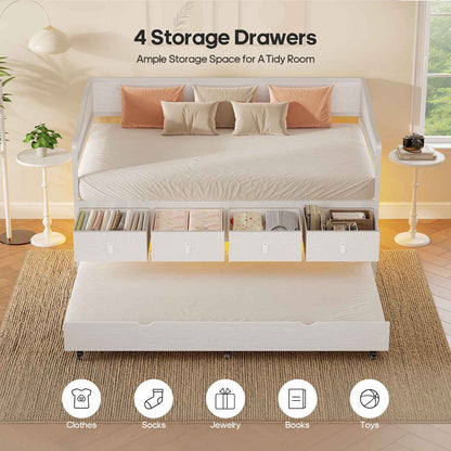 ADORNEVE Twin Daybed with Trundle and 4 Drawers Metal Sofa Day Bed Frame with LED Light and Strong Supports for Living Room Bedroom and Guest Room