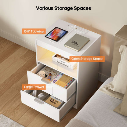 ADORNEVE LED Nightstand with Wireless Charging Station and 2 Drawers Wooden Sofa Bedside Table with Pull-Out Shelf
