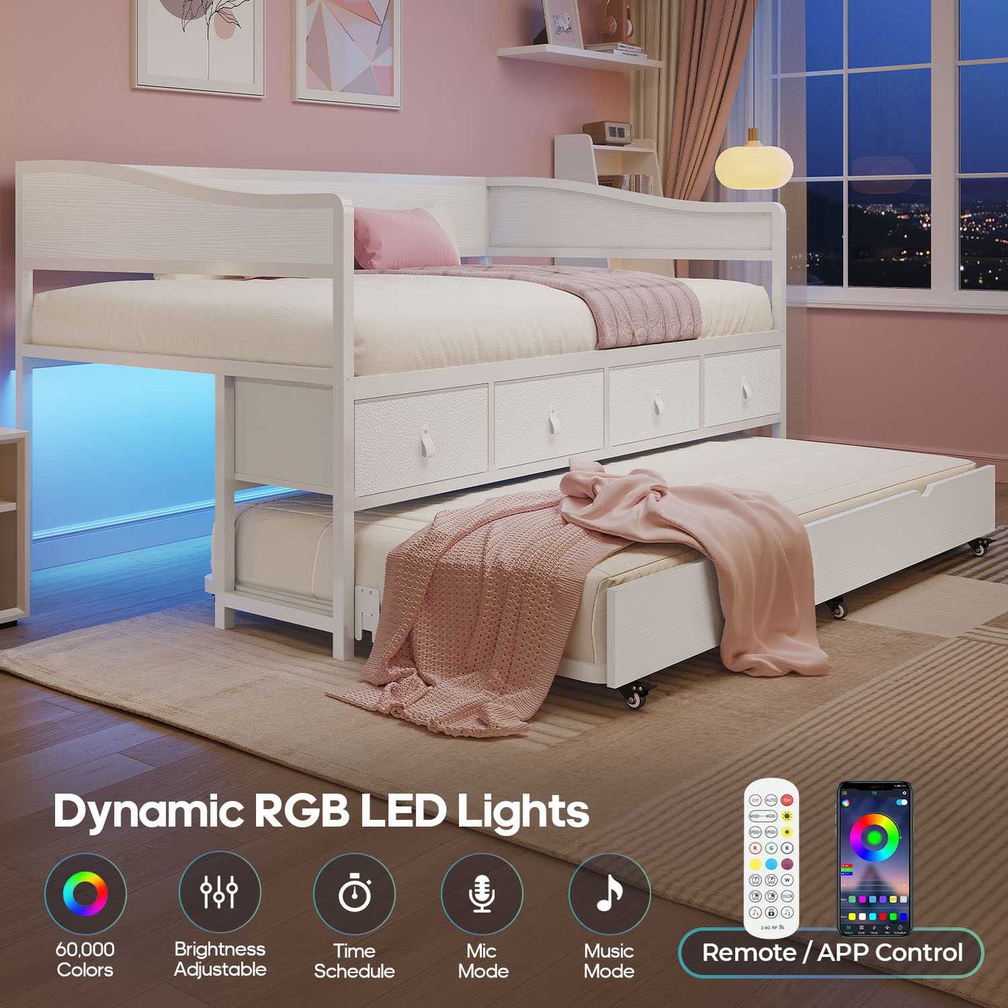 ADORNEVE Twin Daybed with Trundle and 4 Drawers Metal Sofa Day Bed Frame with LED Light and Strong Supports for Living Room Bedroom and Guest Room
