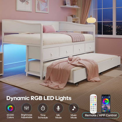 ADORNEVE Twin Daybed with Trundle and 4 Drawers Metal Sofa Day Bed Frame with LED Light and Strong Supports for Living Room Bedroom and Guest Room