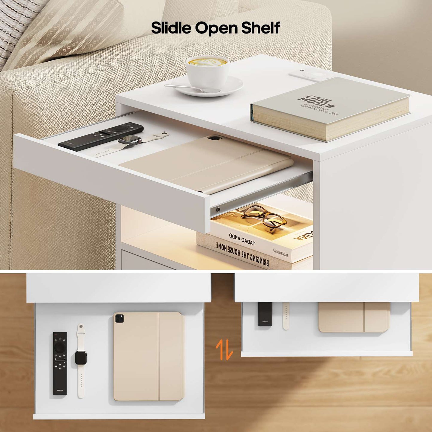 ADORNEVE LED Nightstand with Wireless Charging Station and 2 Drawers Wooden Sofa Bedside Table with Pull-Out Shelf