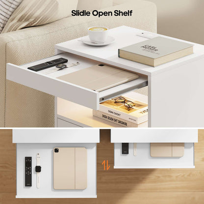 ADORNEVE LED Nightstand with Wireless Charging Station and 2 Drawers Wooden Sofa Bedside Table with Pull-Out Shelf