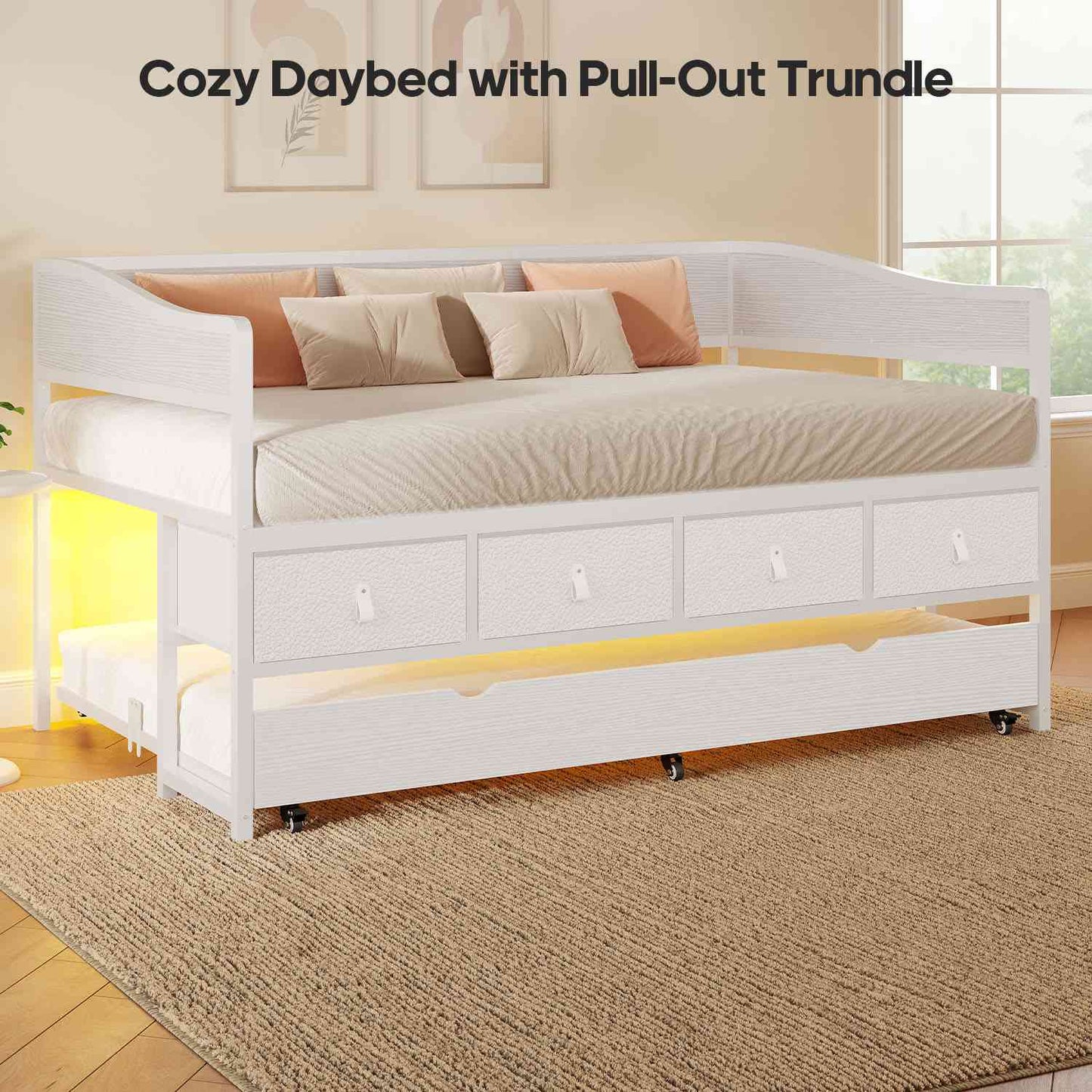 ADORNEVE Twin Daybed with Trundle and 4 Drawers Metal Sofa Day Bed Frame with LED Light and Strong Supports for Living Room Bedroom and Guest Room