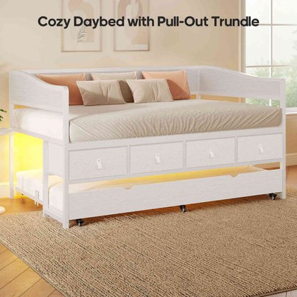 ADORNEVE Twin Daybed with Trundle and 4 Drawers Metal Sofa Day Bed Frame with LED Light and Strong Supports for Living Room Bedroom and Guest Room
