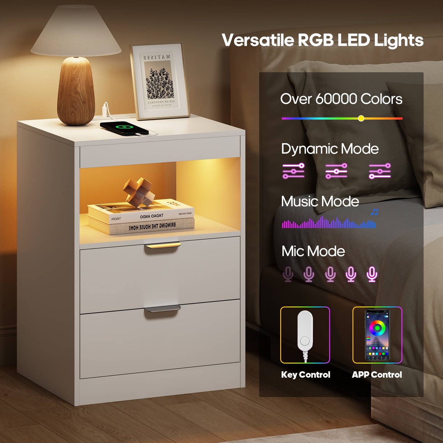 ADORNEVE LED Nightstand with Wireless Charging Station and 2 Drawers Wooden Sofa Bedside Table with Pull-Out Shelf
