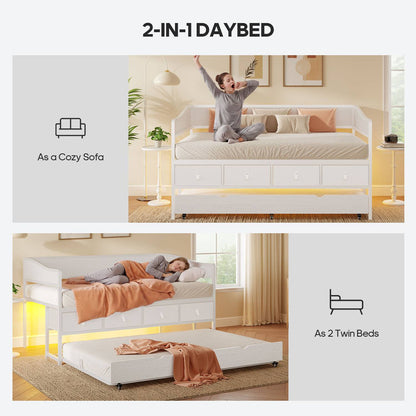 ADORNEVE Twin Daybed with Trundle and 4 Drawers Metal Sofa Day Bed Frame with LED Light and Strong Supports for Living Room Bedroom and Guest Room