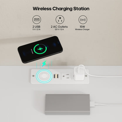 ADORNEVE LED Nightstand with Wireless Charging Station and 2 Drawers Wooden Sofa Bedside Table with Pull-Out Shelf