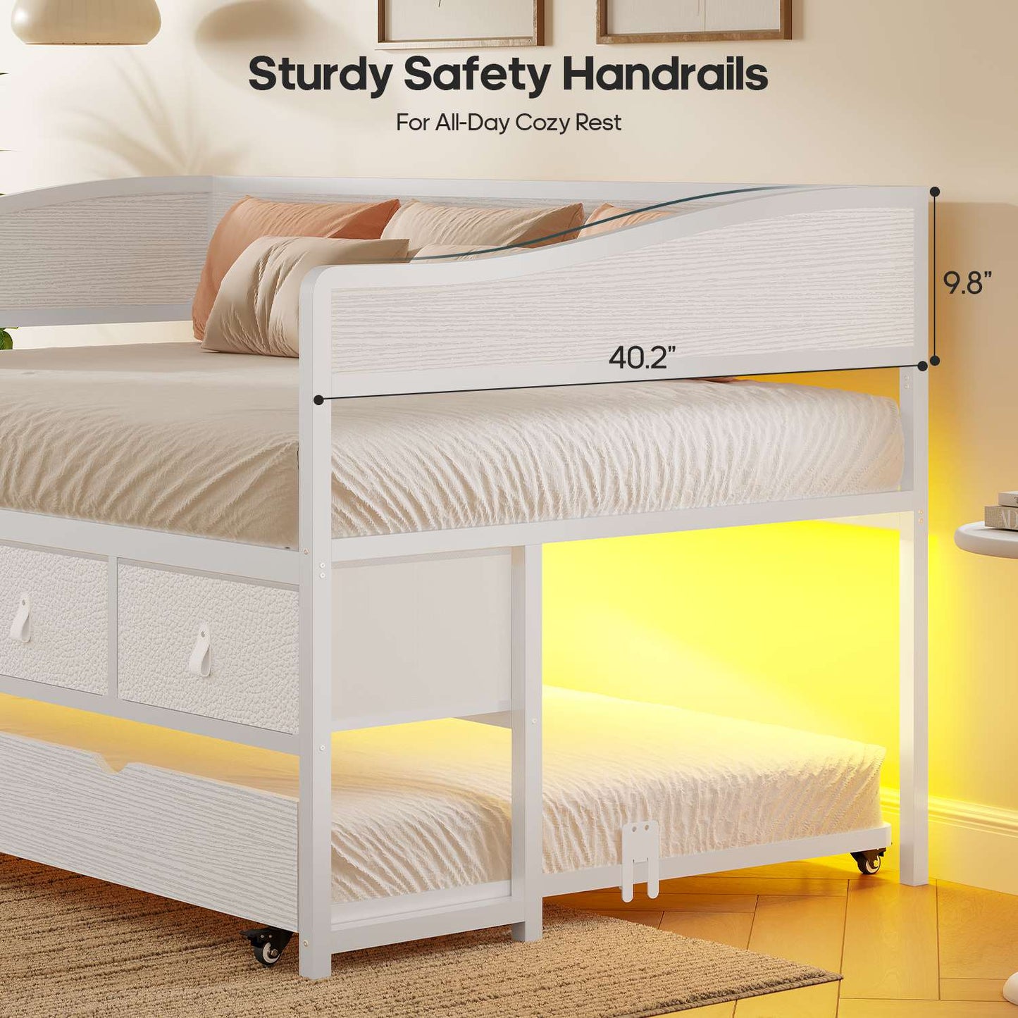 ADORNEVE Twin Daybed with Trundle and 4 Drawers Metal Sofa Day Bed Frame with LED Light and Strong Supports for Living Room Bedroom and Guest Room