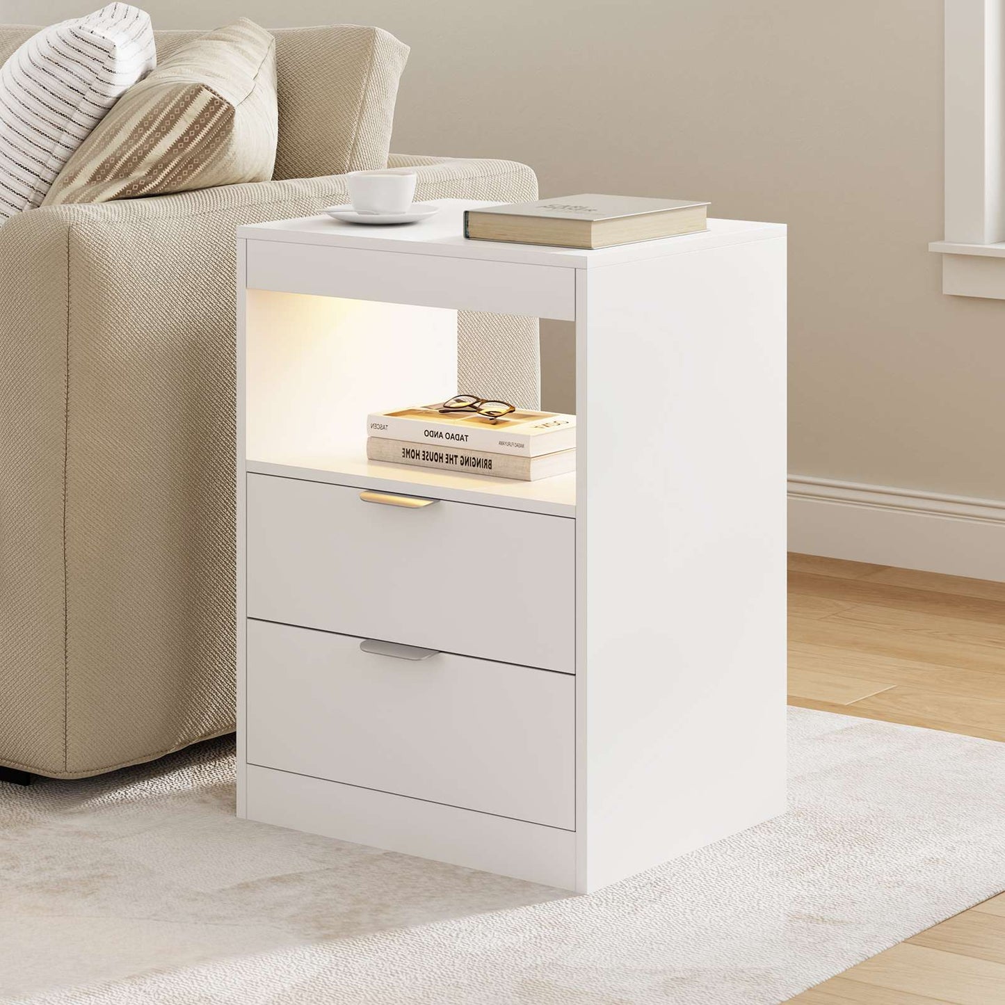 ADORNEVE LED Nightstand with Wireless Charging Station and 2 Drawers Wooden Sofa Bedside Table with Pull-Out Shelf