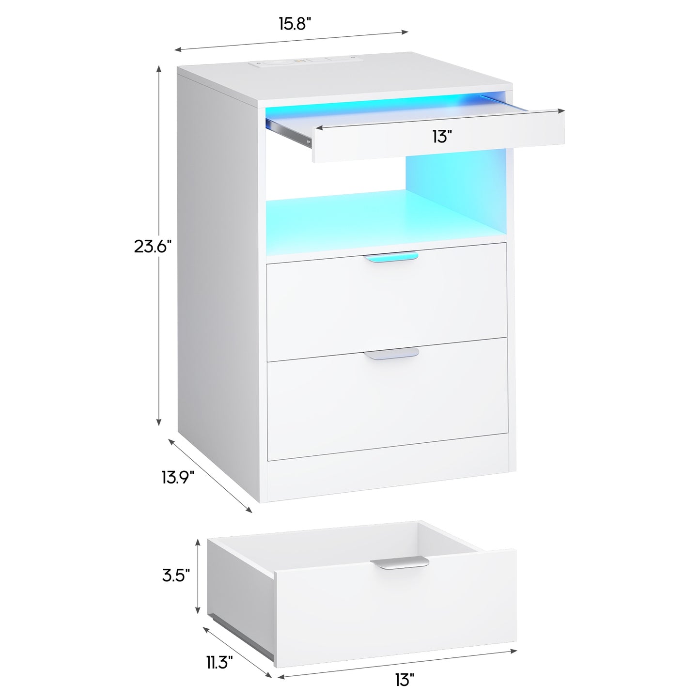 ADORNEVE LED Nightstand with Wireless Charging Station and 2 Drawers Wooden Sofa Bedside Table with Pull-Out Shelf