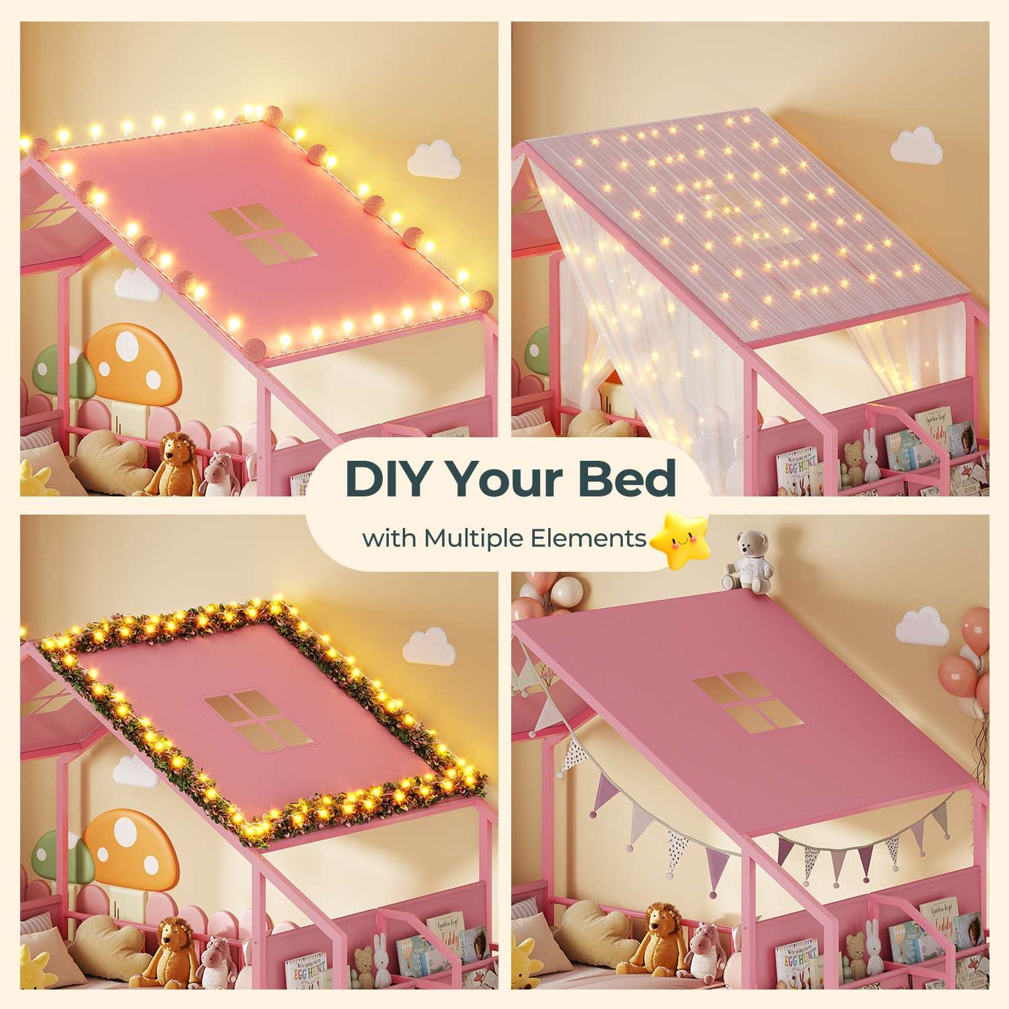 ADORNEVE House Shape Twin Size Floor Bed with Safety Guardrails  and Sling Bookshelves Montessori Floor Bed with Storage Drawers