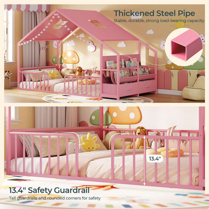 ADORNEVE House Shape Twin Size Floor Bed with Safety Guardrails  and Sling Bookshelves Montessori Floor Bed with Storage Drawers