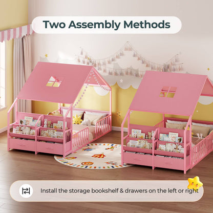 ADORNEVE House Shape Twin Size Floor Bed with Safety Guardrails  and Sling Bookshelves Montessori Floor Bed with Storage Drawers