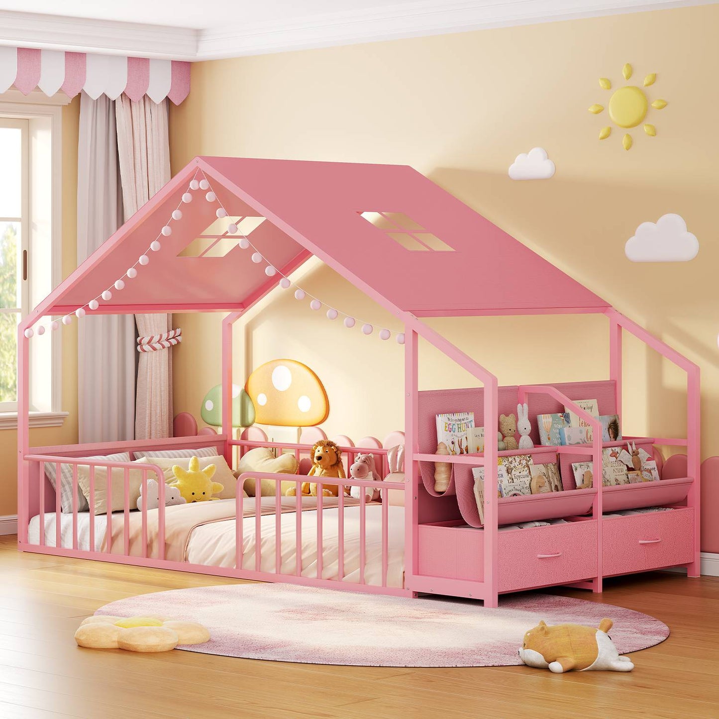 ADORNEVE House Shape Twin Size Floor Bed with Safety Guardrails  and Sling Bookshelves Montessori Floor Bed with Storage Drawers