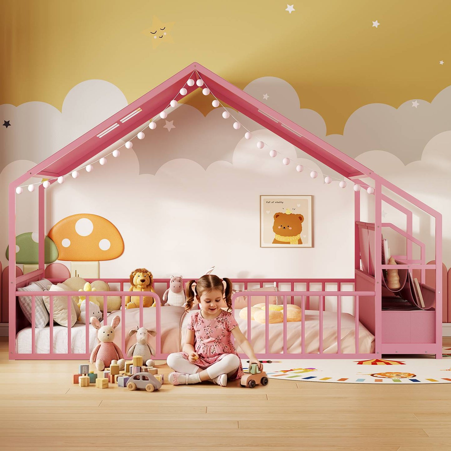 ADORNEVE House Shape Twin Size Floor Bed with Safety Guardrails  and Sling Bookshelves Montessori Floor Bed with Storage Drawers