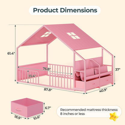 ADORNEVE House Shape Twin Size Floor Bed with Safety Guardrails  and Sling Bookshelves Montessori Floor Bed with Storage Drawers