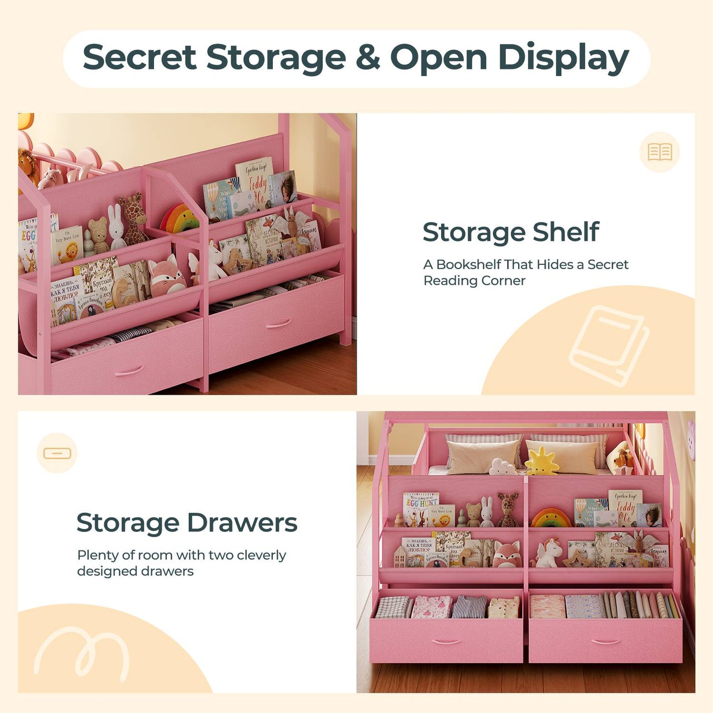 ADORNEVE House Shape Twin Size Floor Bed with Safety Guardrails  and Sling Bookshelves Montessori Floor Bed with Storage Drawers
