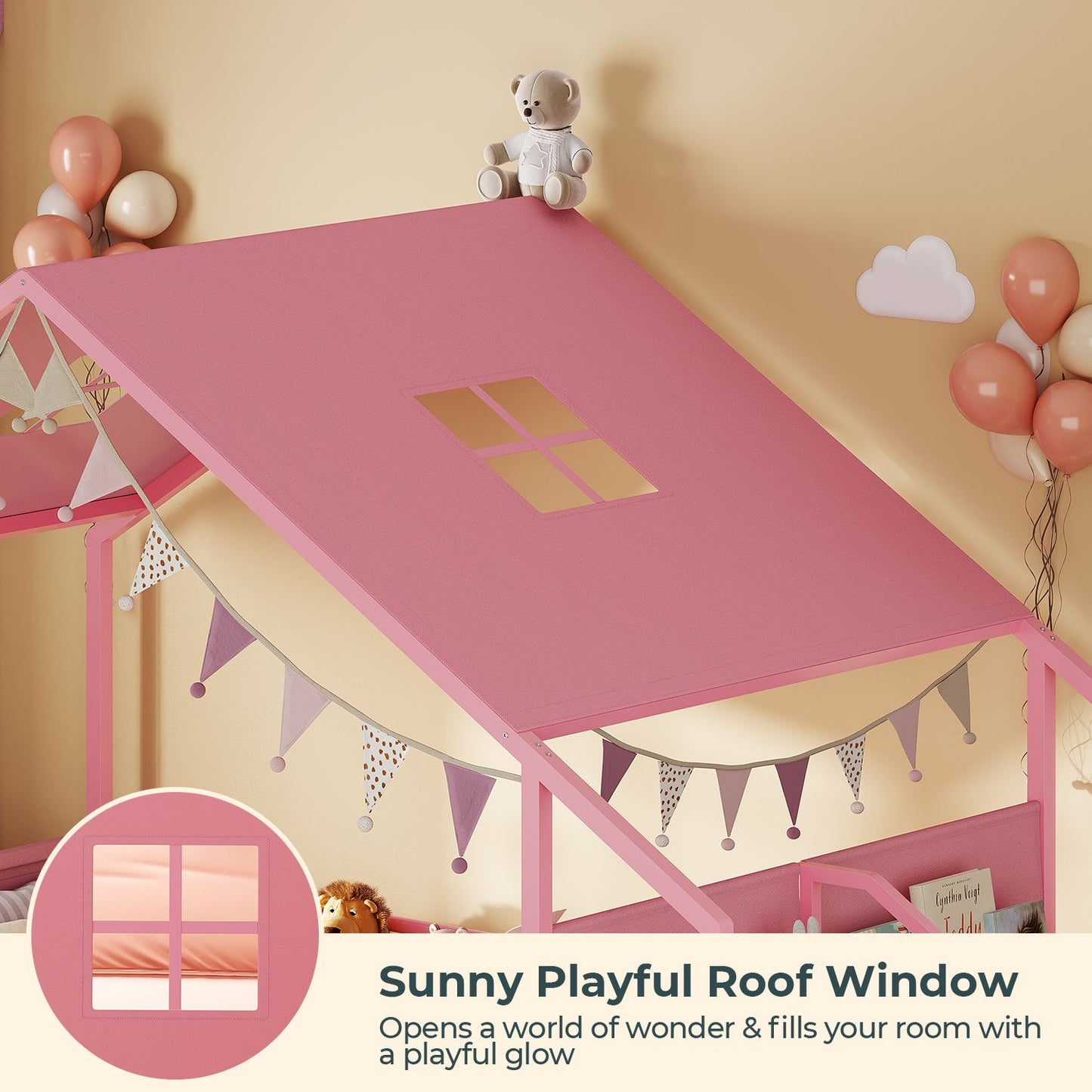 ADORNEVE House Shape Twin Size Floor Bed with Safety Guardrails  and Sling Bookshelves Montessori Floor Bed with Storage Drawers