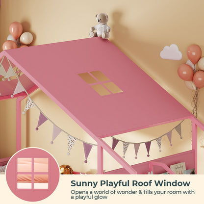 ADORNEVE House Shape Twin Size Floor Bed with Safety Guardrails  and Sling Bookshelves Montessori Floor Bed with Storage Drawers