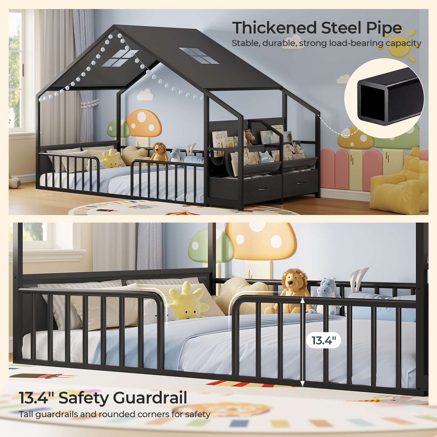ADORNEVE House Shape Twin Size Floor Bed with Safety Guardrails  and Sling Bookshelves Montessori Floor Bed with Storage Drawers