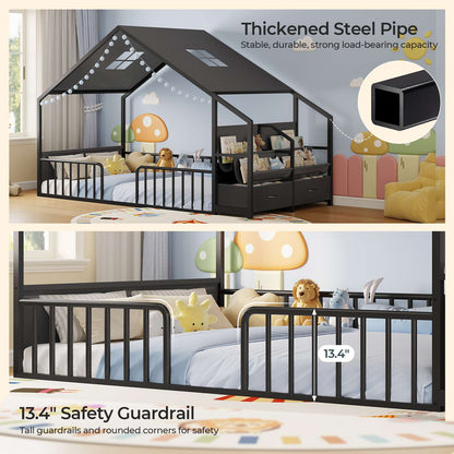 ADORNEVE House Shape Twin Size Floor Bed with Safety Guardrails  and Sling Bookshelves Montessori Floor Bed with Storage Drawers