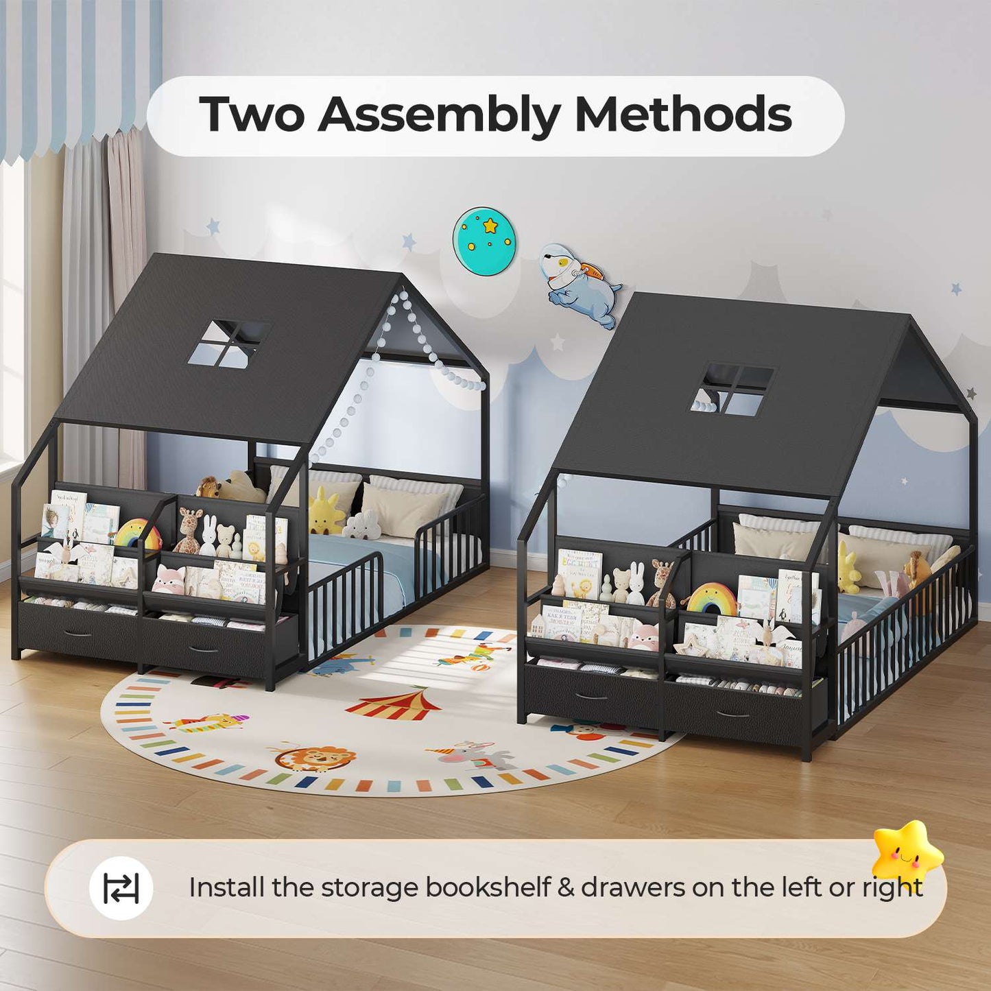 ADORNEVE House Shape Twin Size Floor Bed with Safety Guardrails  and Sling Bookshelves Montessori Floor Bed with Storage Drawers