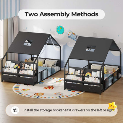 ADORNEVE House Shape Twin Size Floor Bed with Safety Guardrails  and Sling Bookshelves Montessori Floor Bed with Storage Drawers