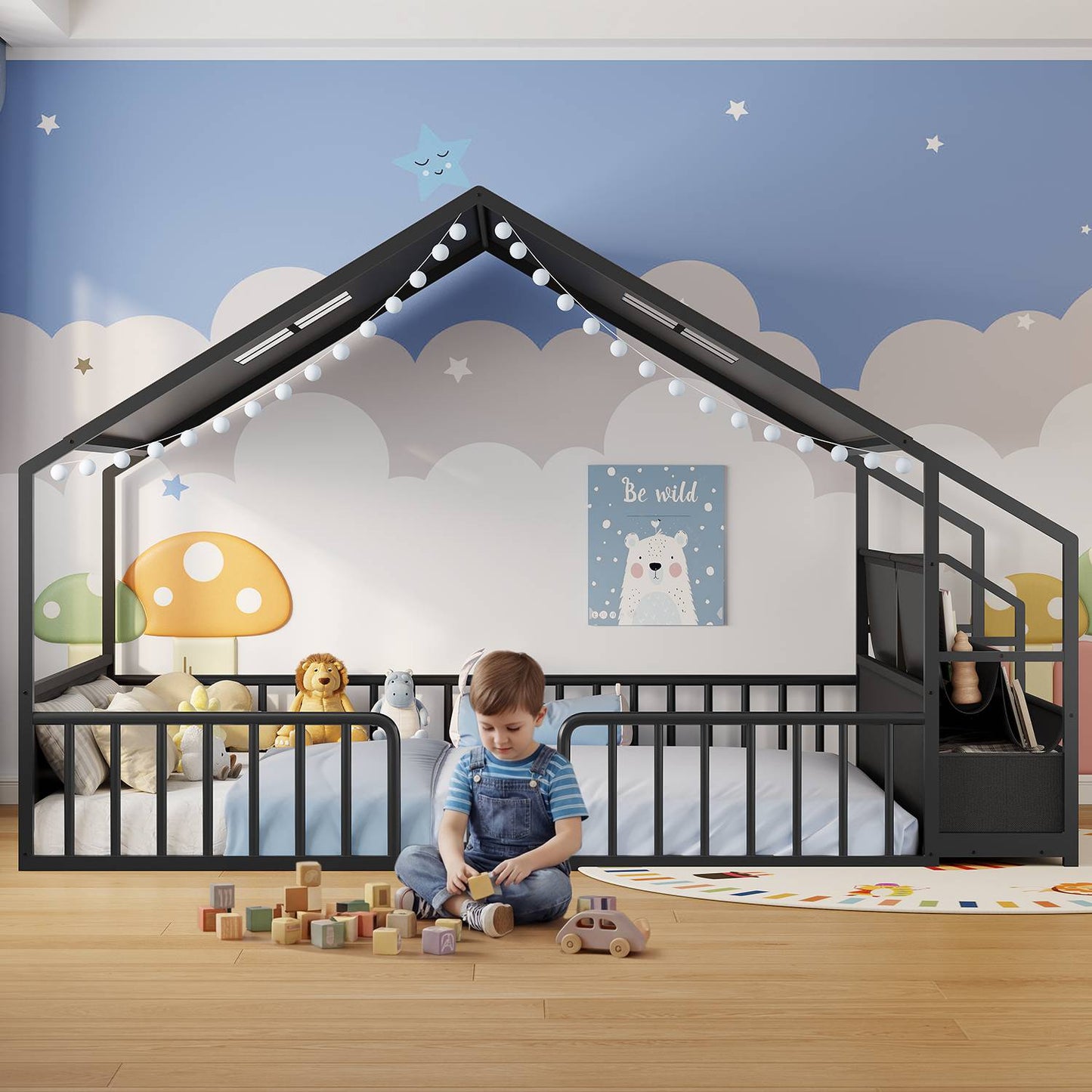 ADORNEVE House Shape Twin Size Floor Bed with Safety Guardrails  and Sling Bookshelves Montessori Floor Bed with Storage Drawers