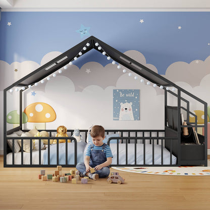 ADORNEVE House Shape Twin Size Floor Bed with Safety Guardrails  and Sling Bookshelves Montessori Floor Bed with Storage Drawers