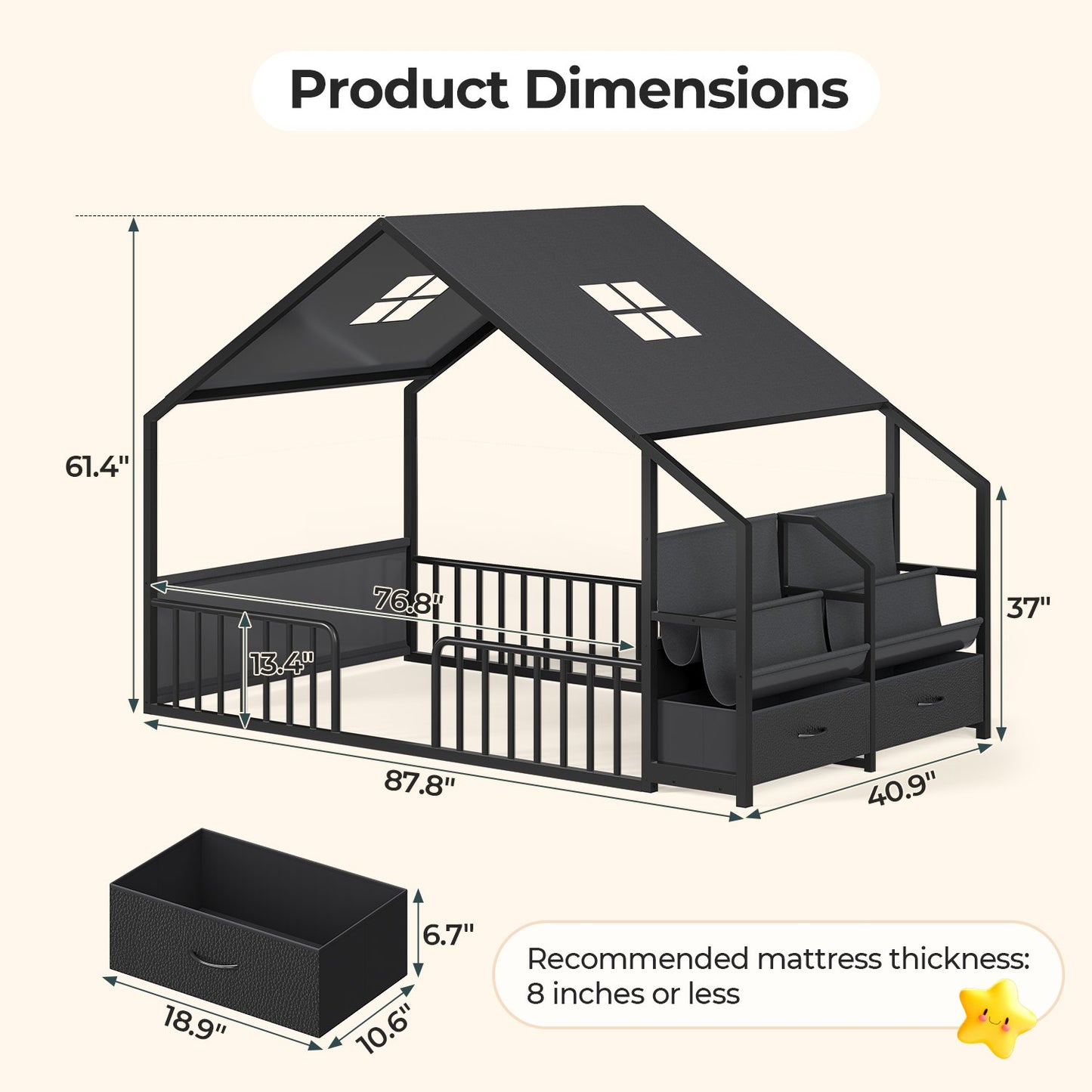 ADORNEVE House Shape Twin Size Floor Bed with Safety Guardrails  and Sling Bookshelves Montessori Floor Bed with Storage Drawers