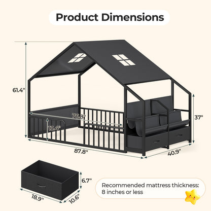 ADORNEVE House Shape Twin Size Floor Bed with Safety Guardrails  and Sling Bookshelves Montessori Floor Bed with Storage Drawers