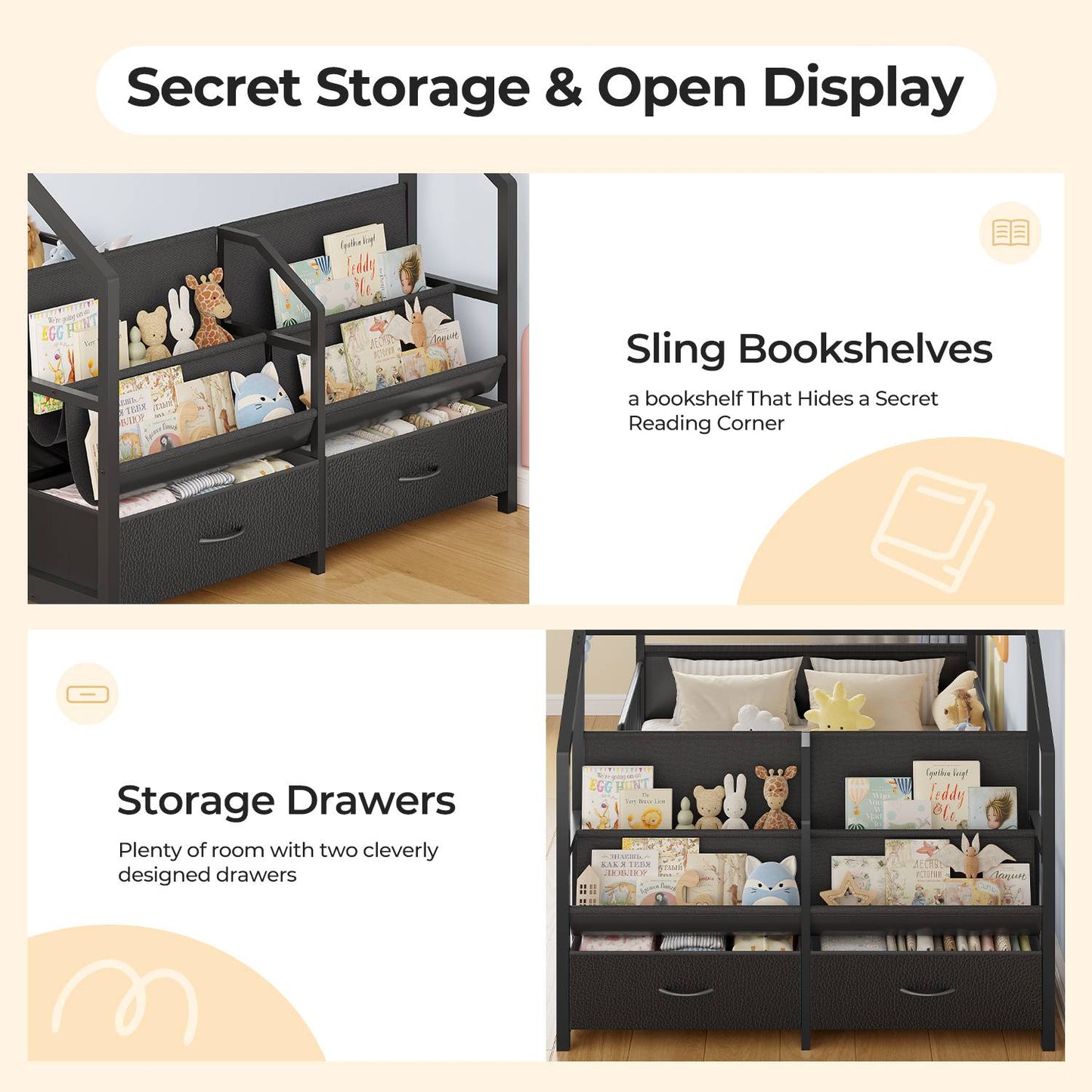 ADORNEVE House Shape Twin Size Floor Bed with Safety Guardrails  and Sling Bookshelves Montessori Floor Bed with Storage Drawers