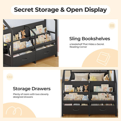 ADORNEVE House Shape Twin Size Floor Bed with Safety Guardrails  and Sling Bookshelves Montessori Floor Bed with Storage Drawers