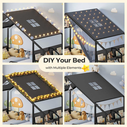 ADORNEVE House Shape Twin Size Floor Bed with Safety Guardrails  and Sling Bookshelves Montessori Floor Bed with Storage Drawers