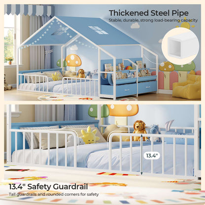 ADORNEVE House Shape Twin Size Floor Bed with Safety Guardrails  and Sling Bookshelves Montessori Floor Bed with Storage Drawers