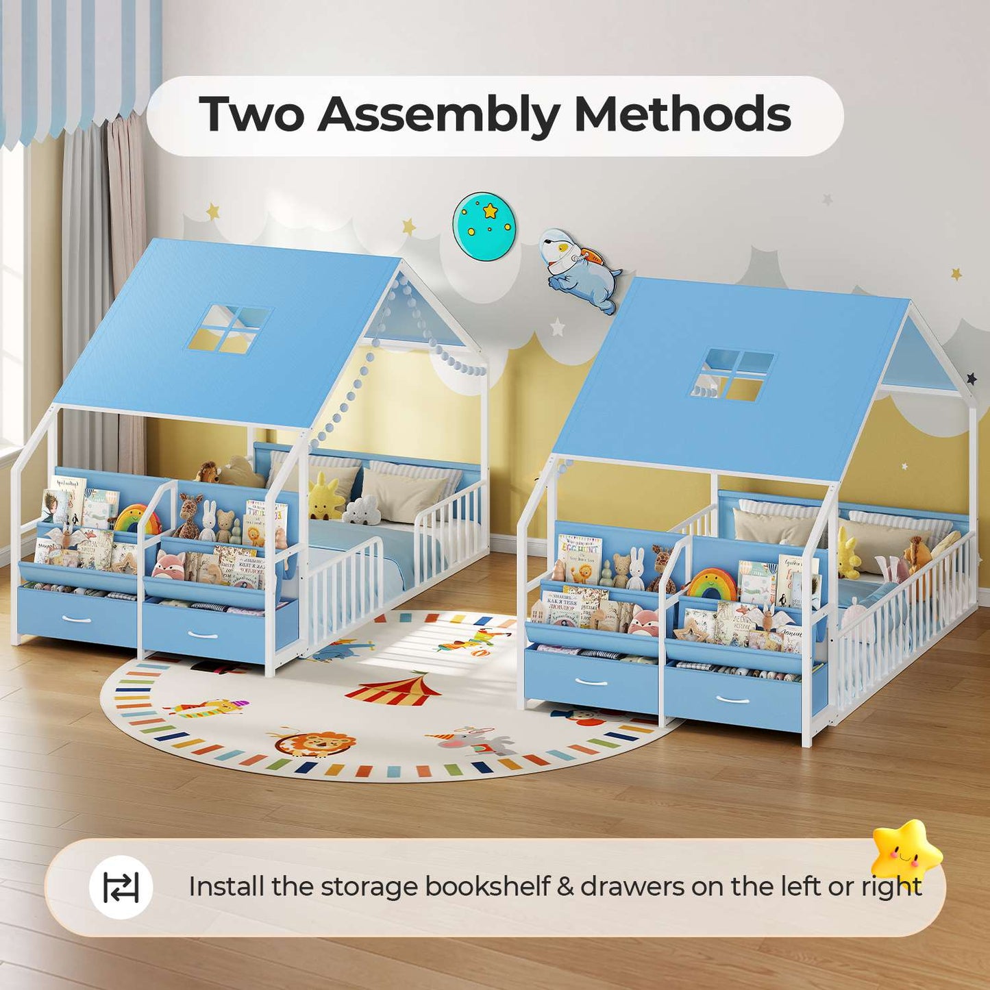 ADORNEVE House Shape Twin Size Floor Bed with Safety Guardrails  and Sling Bookshelves Montessori Floor Bed with Storage Drawers