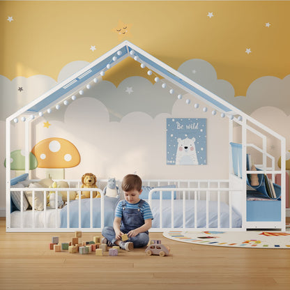 ADORNEVE House Shape Twin Size Floor Bed with Safety Guardrails  and Sling Bookshelves Montessori Floor Bed with Storage Drawers