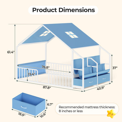 ADORNEVE House Shape Twin Size Floor Bed with Safety Guardrails  and Sling Bookshelves Montessori Floor Bed with Storage Drawers