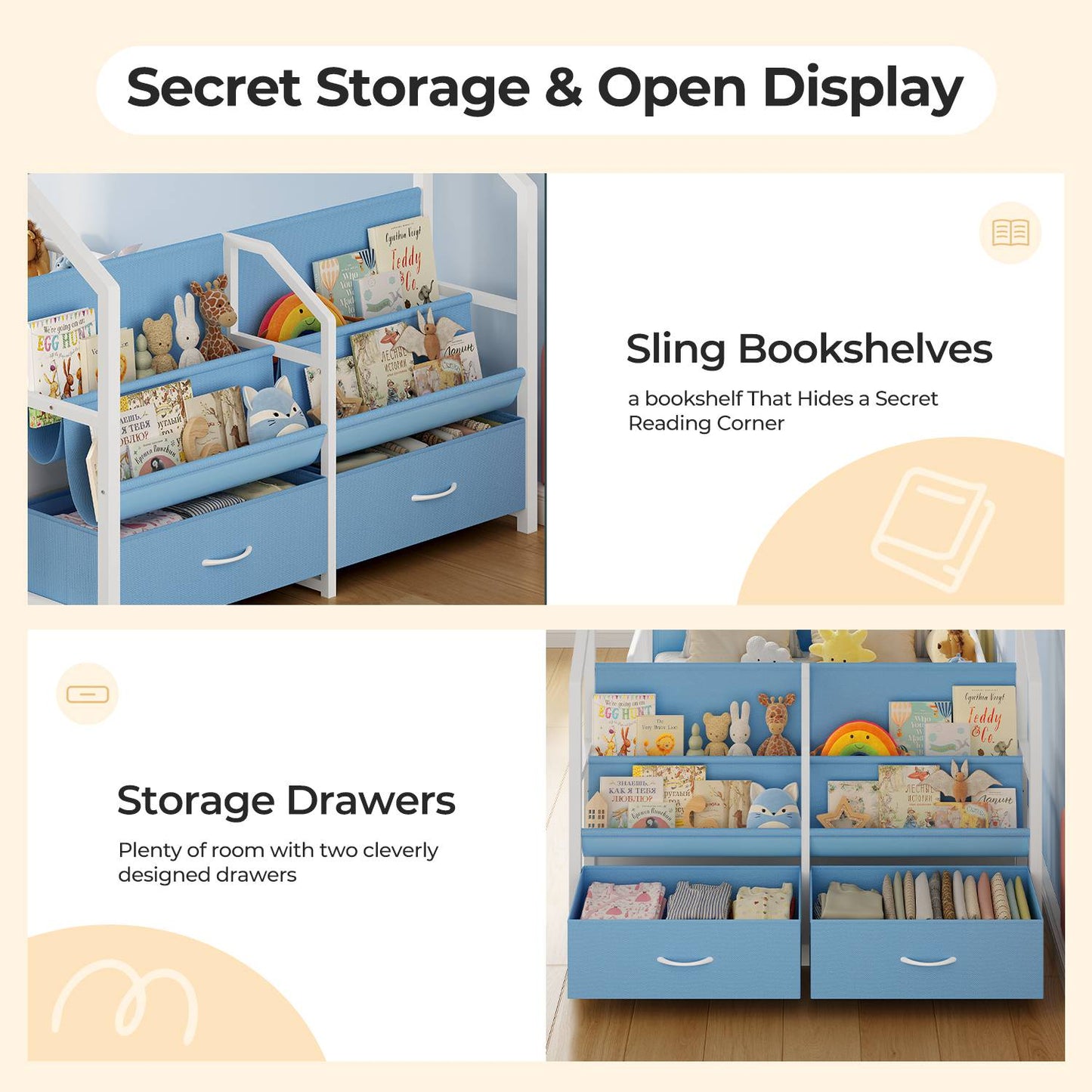 ADORNEVE House Shape Twin Size Floor Bed with Safety Guardrails  and Sling Bookshelves Montessori Floor Bed with Storage Drawers