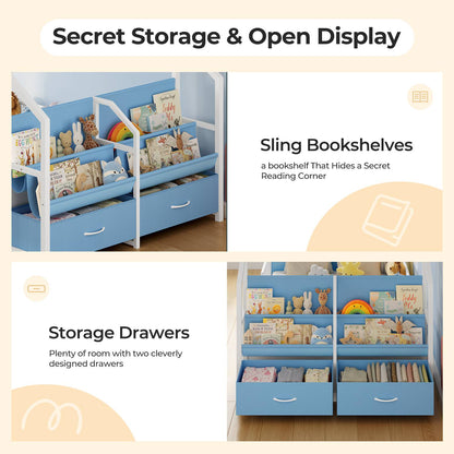ADORNEVE House Shape Twin Size Floor Bed with Safety Guardrails  and Sling Bookshelves Montessori Floor Bed with Storage Drawers