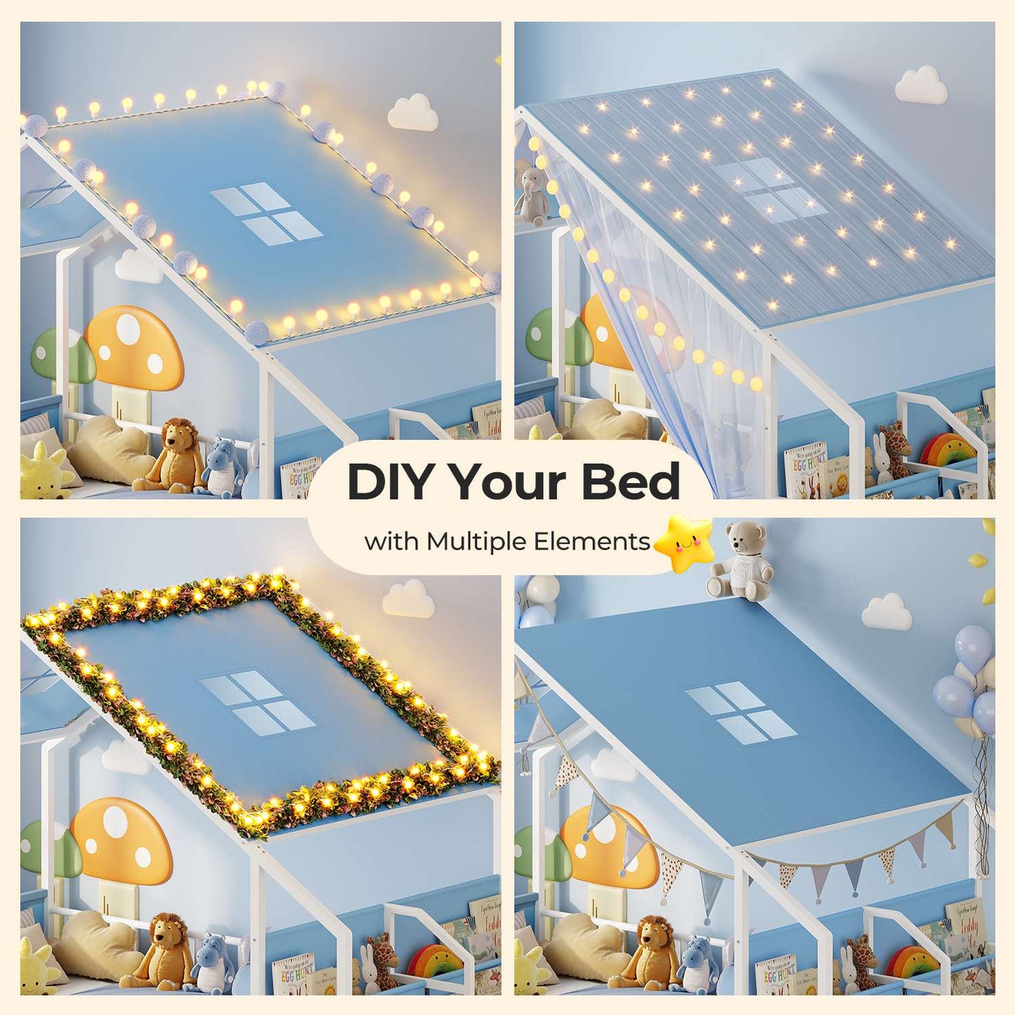 ADORNEVE House Shape Twin Size Floor Bed with Safety Guardrails  and Sling Bookshelves Montessori Floor Bed with Storage Drawers