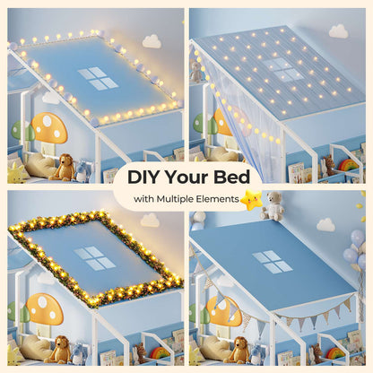 ADORNEVE House Shape Twin Size Floor Bed with Safety Guardrails  and Sling Bookshelves Montessori Floor Bed with Storage Drawers