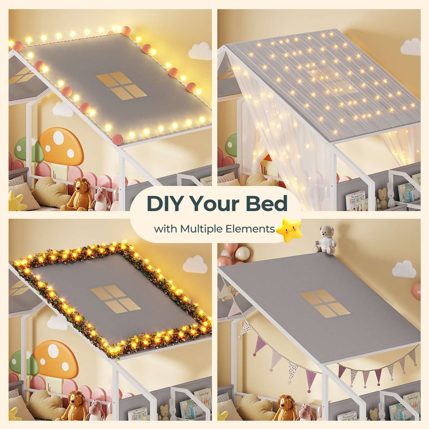 ADORNEVE House Shape Twin Size Floor Bed with Safety Guardrails  and Sling Bookshelves Montessori Floor Bed with Storage Drawers