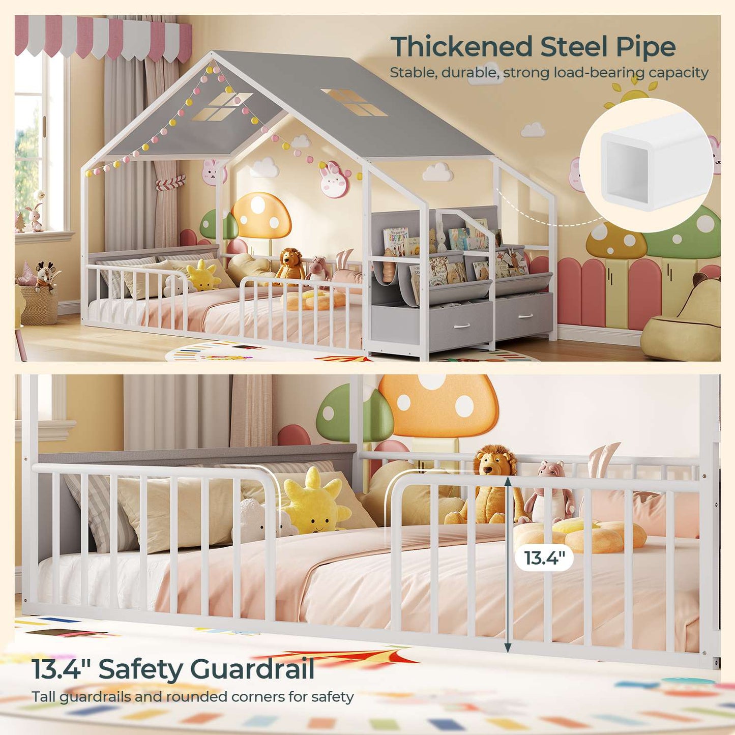 ADORNEVE House Shape Twin Size Floor Bed with Safety Guardrails  and Sling Bookshelves Montessori Floor Bed with Storage Drawers