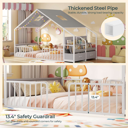 ADORNEVE House Shape Twin Size Floor Bed with Safety Guardrails  and Sling Bookshelves Montessori Floor Bed with Storage Drawers