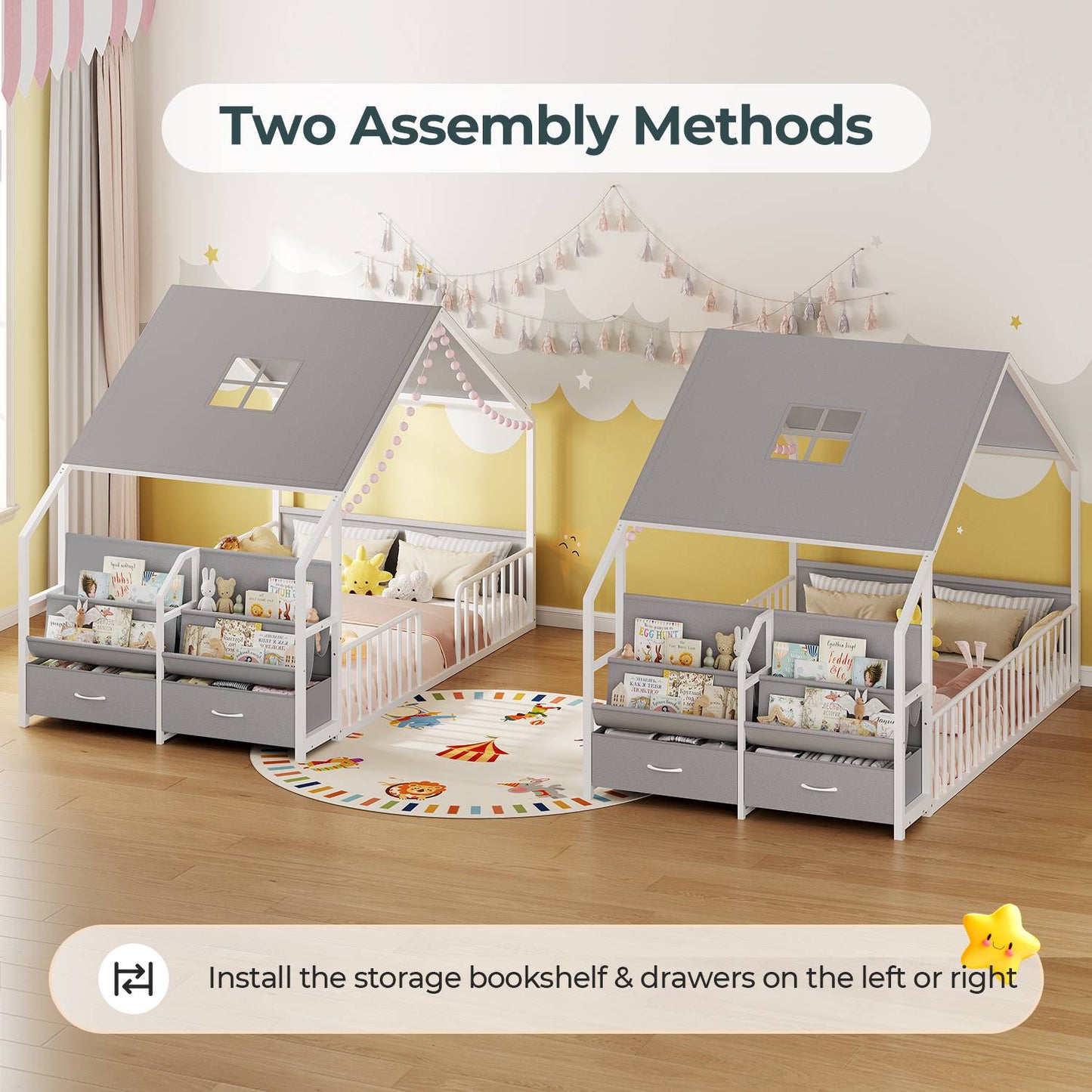 ADORNEVE House Shape Twin Size Floor Bed with Safety Guardrails  and Sling Bookshelves Montessori Floor Bed with Storage Drawers