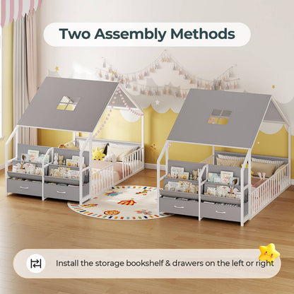 ADORNEVE House Shape Twin Size Floor Bed with Safety Guardrails  and Sling Bookshelves Montessori Floor Bed with Storage Drawers