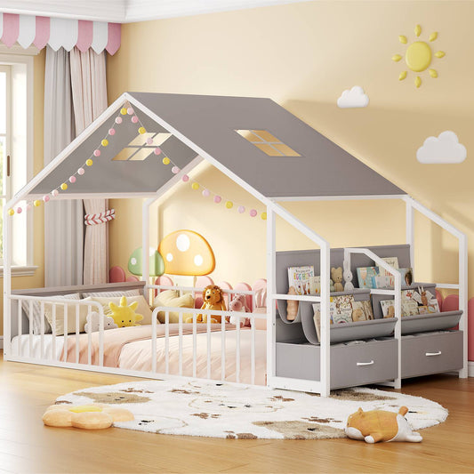ADORNEVE House Shape Twin Size Floor Bed with Safety Guardrails  and Sling Bookshelves Montessori Floor Bed with Storage Drawers